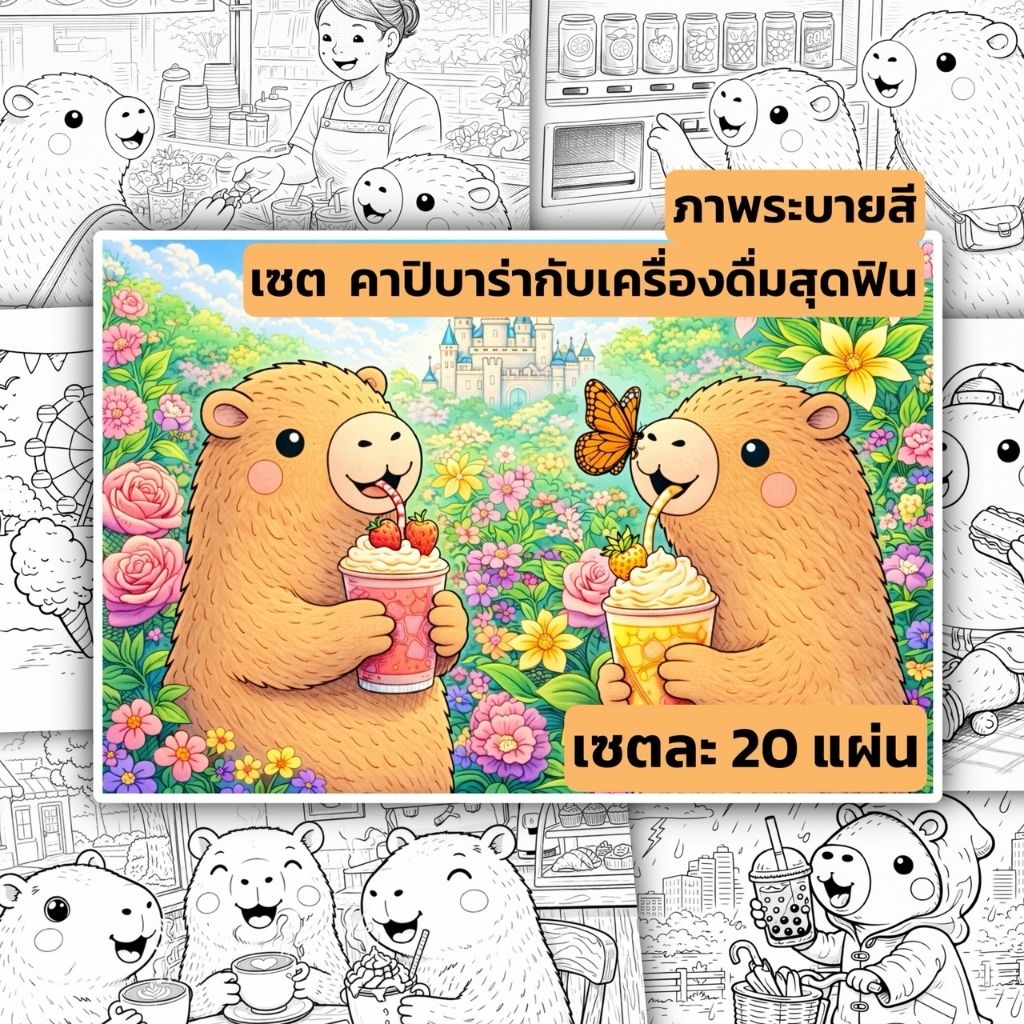 ชุดภาพระบายสี (Coloring Set) "คาปิบาร่ากับเครื่องดื่มสุดฟิน" จำนวน 20 แผ่น | เลือกขนาดและความหนากระดาษได้