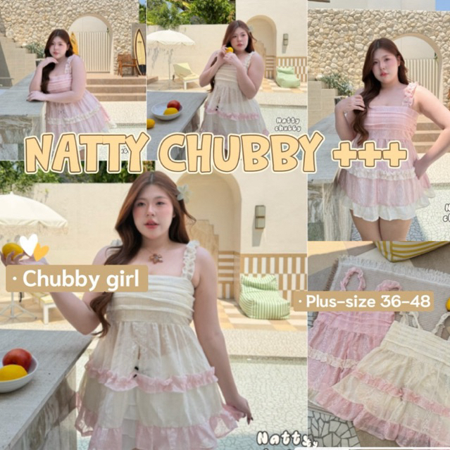 (ส่วนลดโปรเปิดร้าน+ส่งฟรีโค้ดคุ้ม✅) มินิเดรสสาวอวบอ้วนชายระบาย แต่งตัดต่อสี ผ้าโรซี่ลายเบาๆ ตีเกล็ดที่อก(36-48)