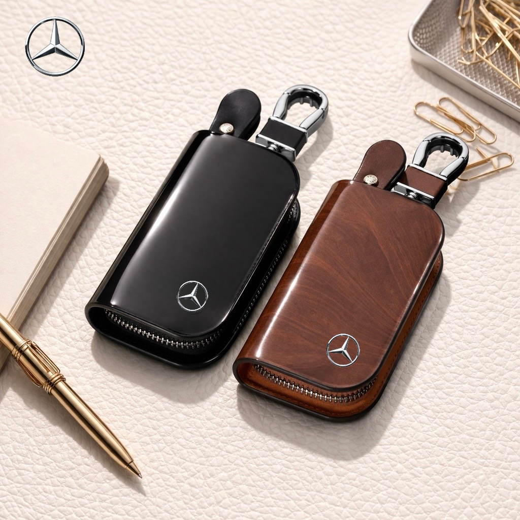 กระเป๋าซองหนังแท้ ใส่กุญแจรีโมทรถยนต์ โลโก้ Mercedes Benz รุ่น ซิบรอบ ลายไม้