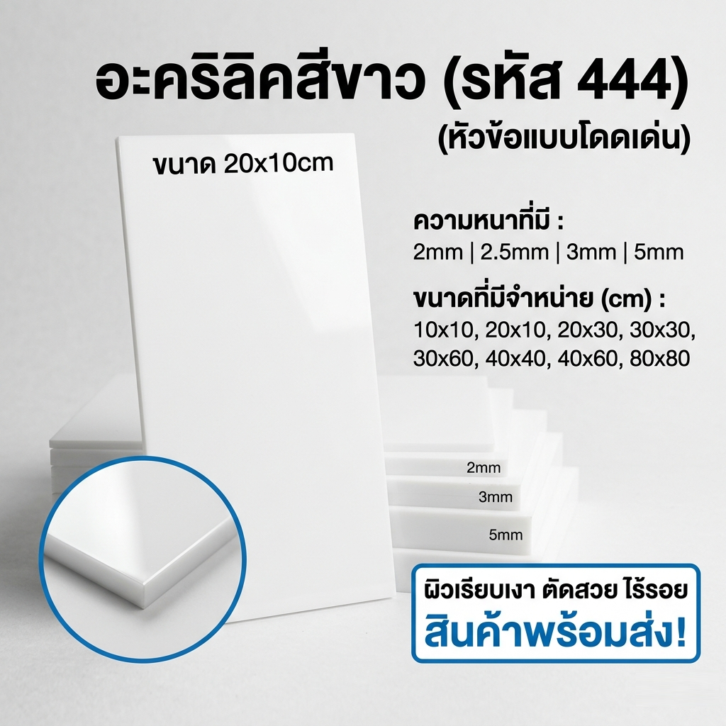 อะคริลิคขาว/444 ขนาด 20X30cm มีความหนาให้เลือก 2 มิล,2.5 มิล,3 มิล,5 มิล