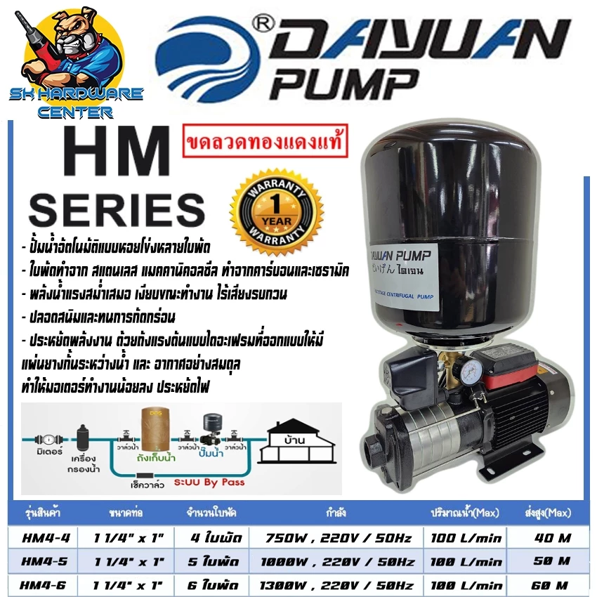 ปั้มน้ำออโต้แรงดันสูง 5-6ใบพัด กำลัง 1000-1300w ขนาดเข้า 1.1/4นิ้ว ออก 1นิ้ว DAYUAN รุ่น HM SET AUTO
