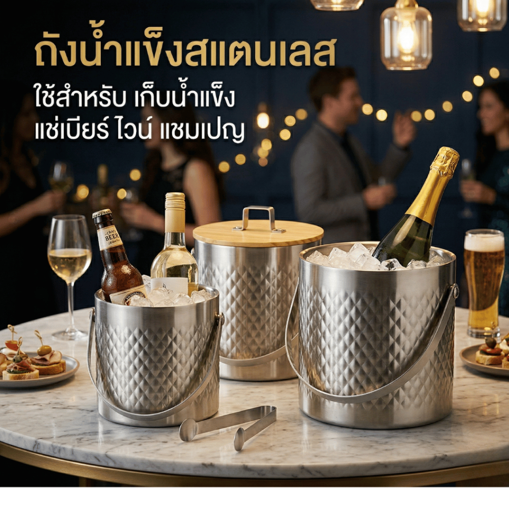 ถังน้ำแข็งสแตนเลส แบบสองชั้น ฝาปิดแน่น(มียางซีล) เก็บเย็นได้นาน ใช้สำหรับ เก็บน้ำแข็ง แช่เบียร์ ไวน์ แชมเปญ ฯลฯ พร้อมส่ง
