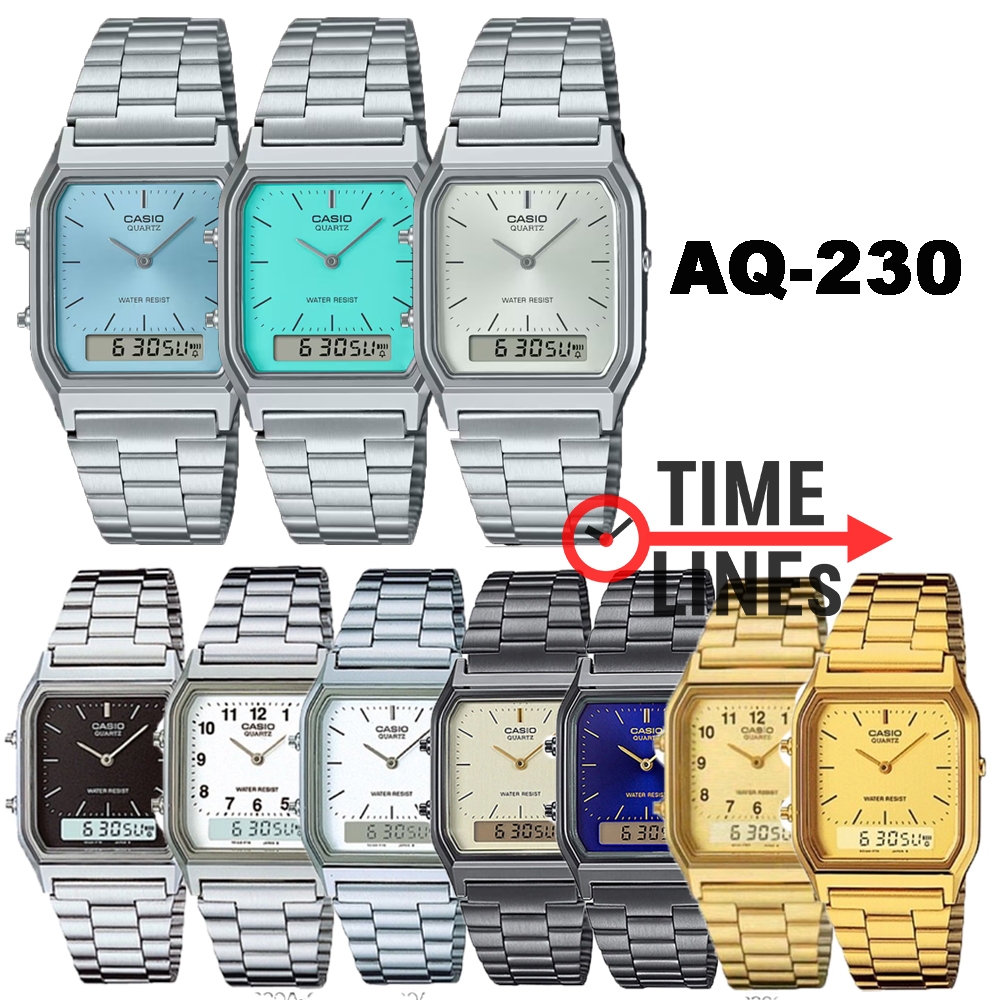 !!ประกัน1ปีและกล่อง CMG!! CASIO รุ่น AQ-230A AQ-230GA AQ-230GG นาฬิกาชายและหญิง 2 ระบบ วินเทจ AQ230 
