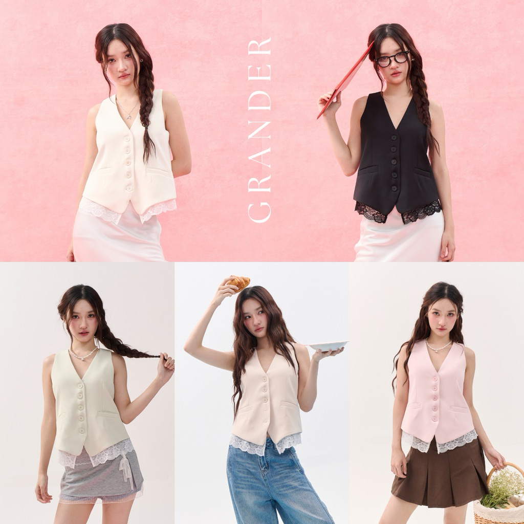 GRANDER TOP (เฉพาะเสื้อ) เสื้อกั๊กตัวยาวคอวี ผ้าหนานุ่มอัดกาว ซับในทั้งตัว ทรงสวยอยู่ตัว แต่งลูกไม้ที่ปลายเสื้อ