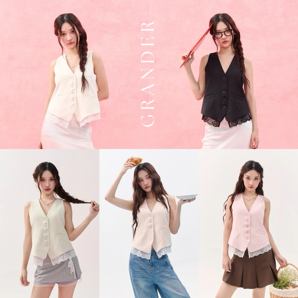 GRANDER TOP (เฉพาะเสื้อ) เสื้อกั๊กตัวยาวคอวี ผ้าหนานุ่มอัดกาว ซับในทั้งตัว ทรงสวยอยู่ตัว แต่งลูกไม้ที่ปลายเสื้อ