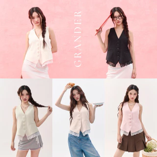 GRANDER TOP (เฉพาะเสื้อ) เสื้อกั๊กตัวยาวคอวี ผ้าหนานุ่มอัดกาว ซับในทั้งตัว ทรงสวยอยู่ตัว แต่งลูกไม้ที่ปลายเสื้อ
