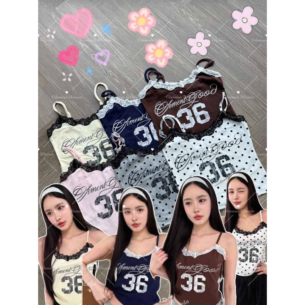😇Malista😇 New! เสื้อสายเดี่ยวสกีนตัวเลขเด่นๆเนื้อผ้ายืดนิ่มดีเทลลูกไม้เล็กๆสายปรับได้แมทได้ทุกลุค!