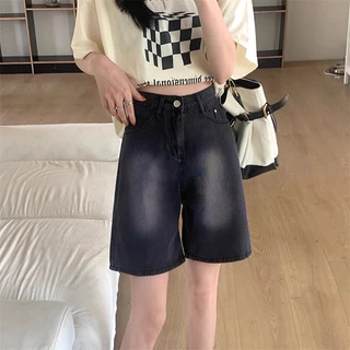 S~5XL MINI shorts jeans Dark grey กางเกงยีนส์ขาสั้นไล่สีสไตล์เรโทร กางเกงยีนส์ขาสั้นทรงตรงเอวสูงเนื้อบางสำหรับใส่ลำลองใน