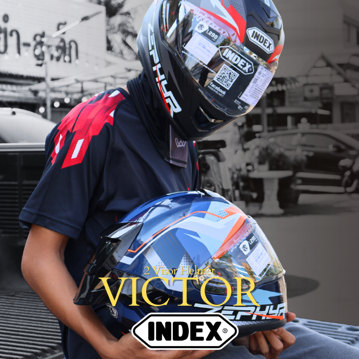 หมวกกันน็อคเต็มใบ INDEX / VICTOR ราคา 1,290.- เท่านั้น / นวมถอดซักได้ รองรับการติดตั้งบลูทูธ มีแว่นด้านใน