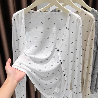 เสื้อคาร์ดิแกนถักแขนยาวพิมพ์ลายโบว์ สไตล์ฤดูร้อนพร้อมคุณสมบัติป้องกันแสงแดด เหมาะสำหรับฤดูร้อน เนื้อผ้าใส่สบาย ทรงหลวม