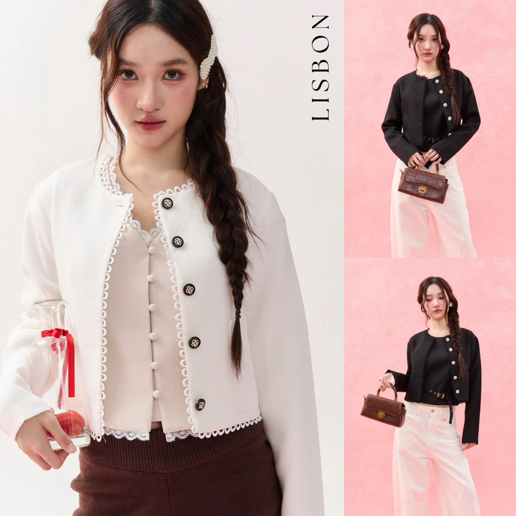 LISBON BLAZER เบลเซอร์ผ้าเป็นทวีตเนื้อไม่หนา แต่อัดกาวมาอย่างดี ทำให้ทรงสวยเป๊ะ ใส่สบาย ไม่แข็งไม่อึดอัด