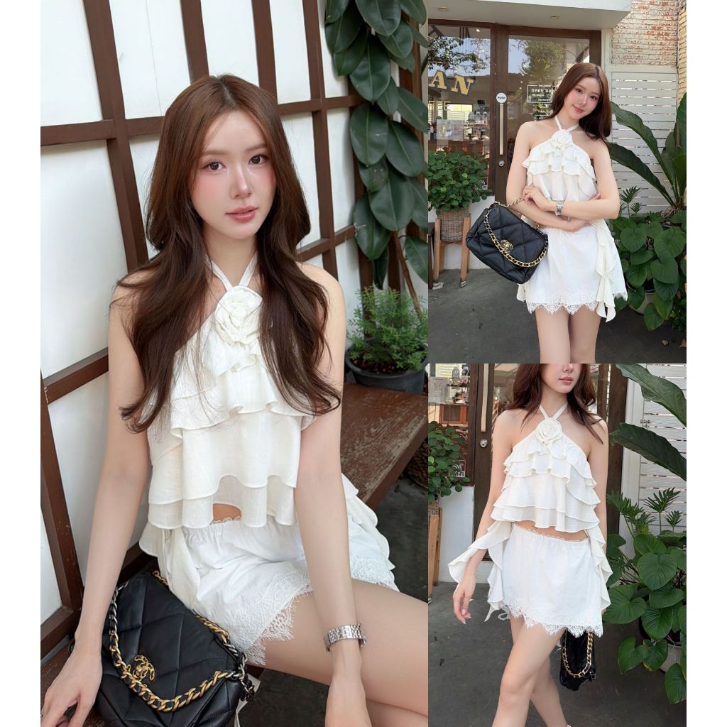 ส่งด่วน🚨 SLYQ ROSE RUFFLE LINEN CROP TOP เสื้อผูกคอเปิดหลังชายระบายยาว