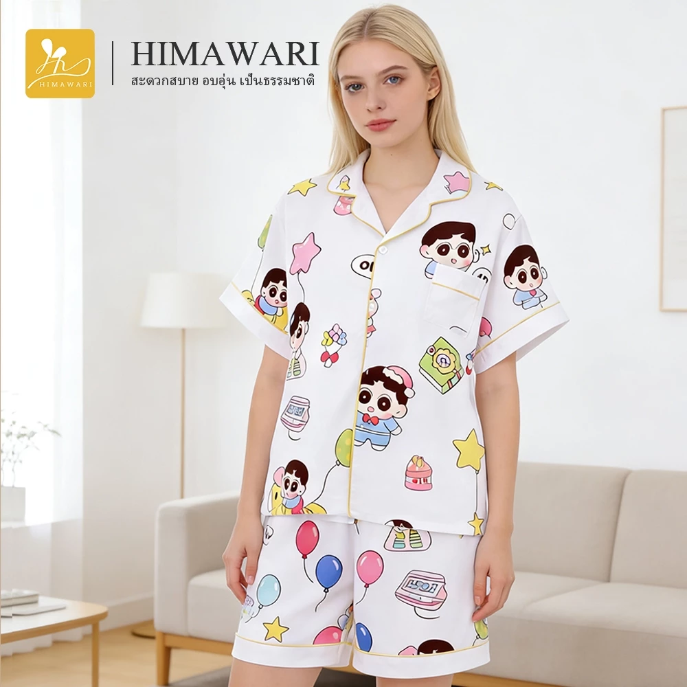 HIMAWARI丨ชุดนอน ชุดนอนการ์ตูน ชุดนอนแขนสั้น ผ้าบางเบา น่ารักๆ สไตล์เกาหลี 2ชิ้น สําหรับผู้หญิง