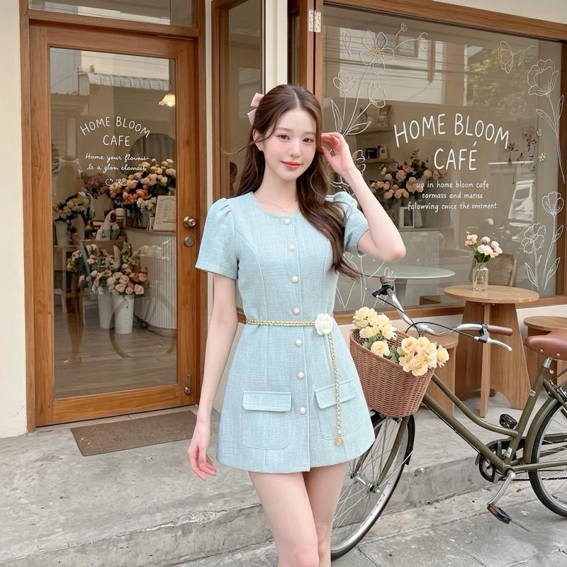 [LISA] A1232 ชุดเดรสกระโปรงคอกลมแขนสั้นกระดุมไข่มุกแต่งกระเป๋าสายโซ่เข็มกลัดลุคคุณใส่ออกงาน ดินเนอร์