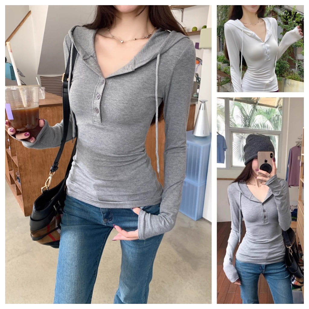 เสื้อยืดแขนยาวมีฮู้ดสีทึบสําหรับผู้หญิง เสื้อยืดรัดรูป ด้านในบาง สามารถสวมใส่ด้านนอกได้ เสื้อชั้นใน