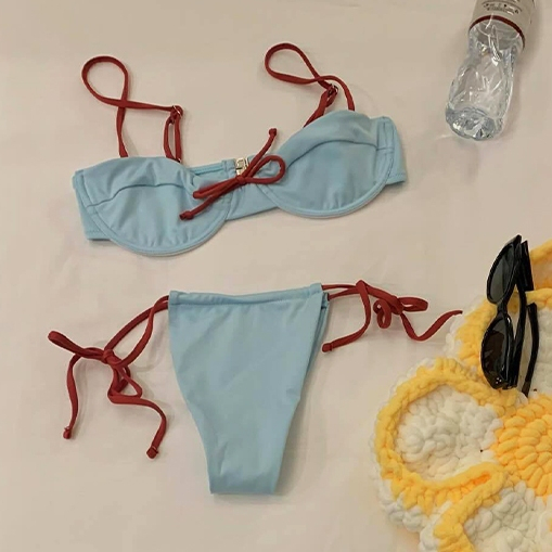 ชุดว่ายน้ำ bikini ชุดบิกินี่ มีโครง เซต 2 ชิ้น ผูกด้วยเชือกผูก สไตล์เซ็กซี่ blue set#0592
