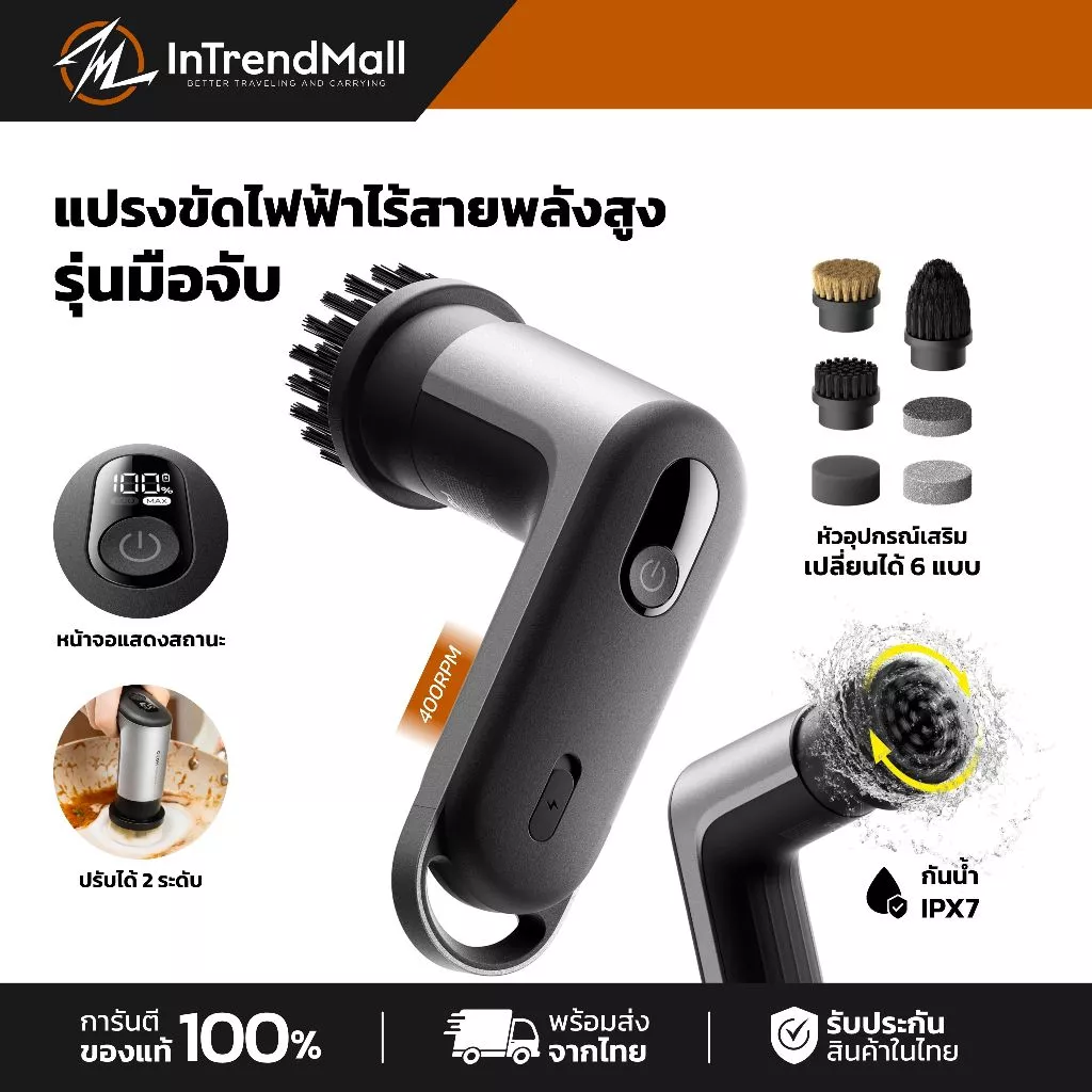 HOTO Grip Cordless Spin Scrubber แปรงขัดไฟฟ้าไร้สายพลังสูง (รุ่นมือจับ)
