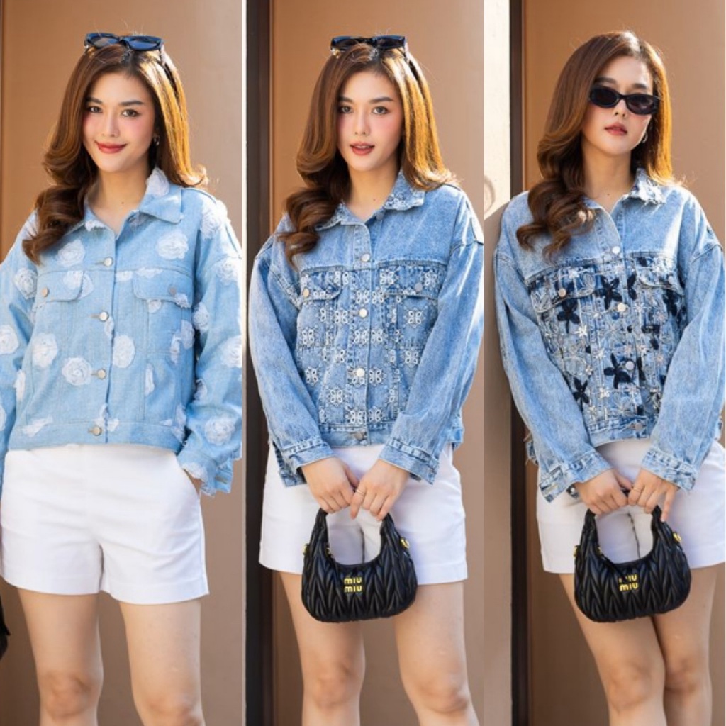 Cutie Minute  JT465  เสื้อแจ็คเก็ตยีนส์เกรดพรีเมี่ยม งานฟอกทั้งตัว มาพร้อมลายพิมพ์ดอกไม้ทั้งตัว
