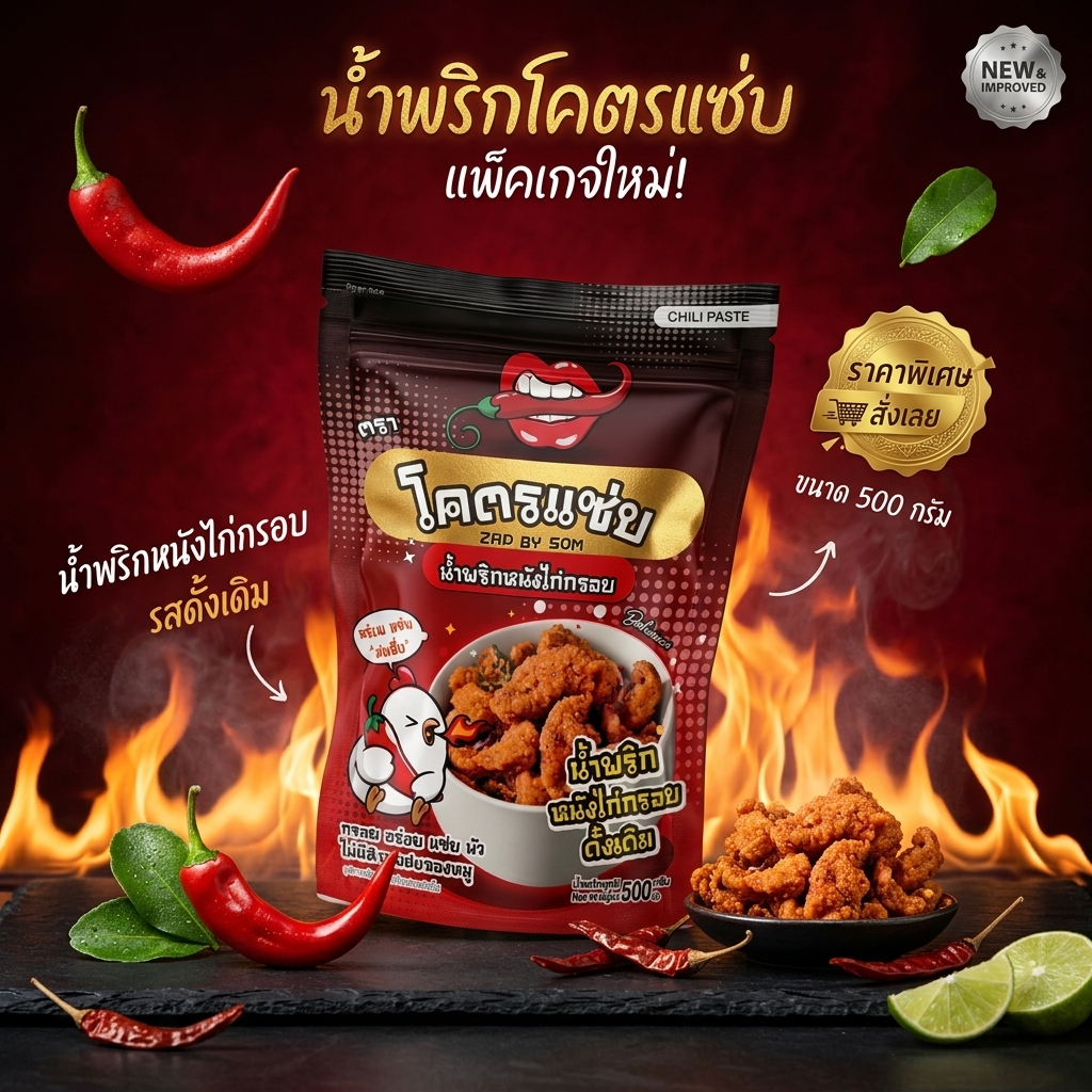 ใหม่สุดคุ้มโคตรแซ่บหนังไก่กรอบ น้ำพริกหนังไก่กรอบขนาด 500 กรัม