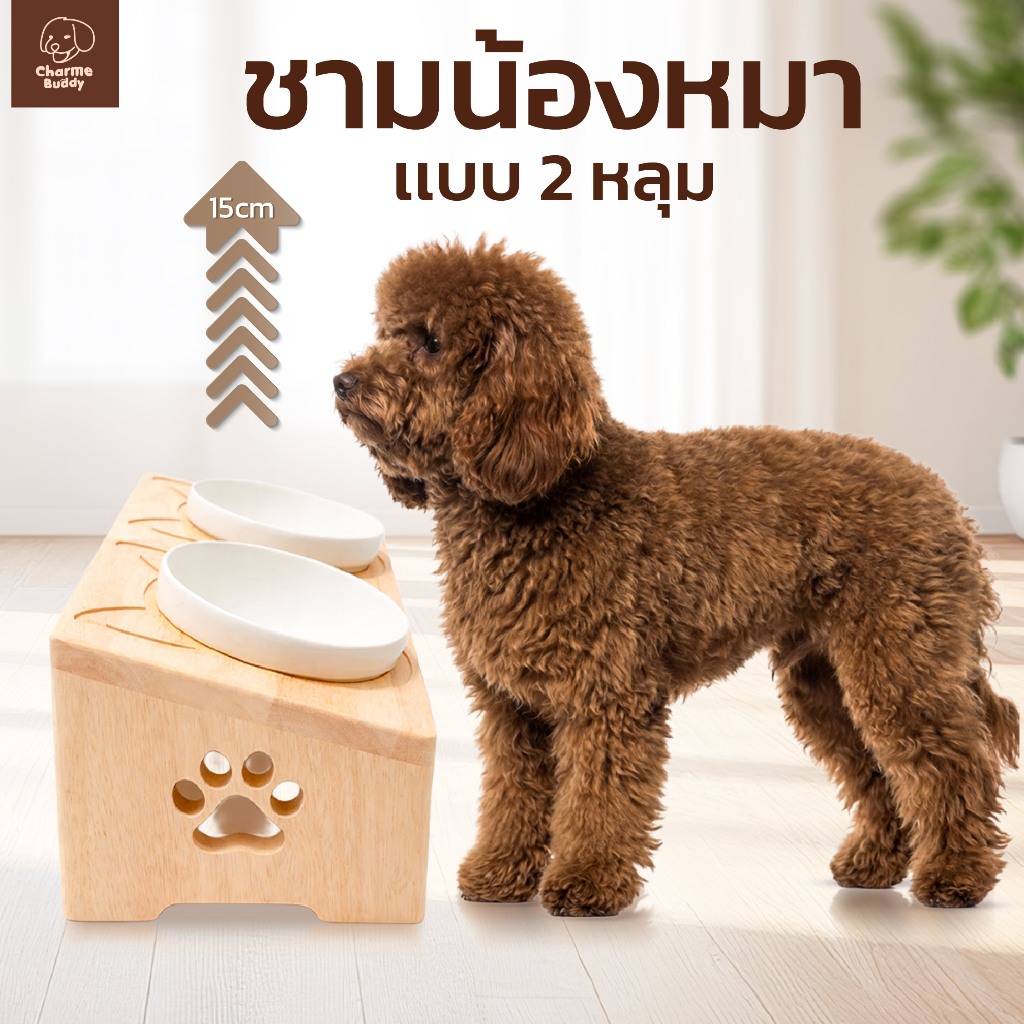 ชามยกสูงลายน้องหมา ชามเซรามิก 5” ฐานไม้ ลดปวดคอ กินสบาย ไม่หก สูง 15 cm