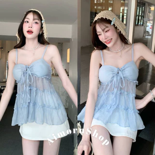 🔥aimorn_shop🔥เสื้อสายเดี่ยว แต่งชั้นงานระบายน่ารักๆ มีฟองน้ำผูกโบว์ด้านหน้าเซ็กซี่มาก งานสวย ผ้าบาง มีซับในช่วงอกให้นะคะ