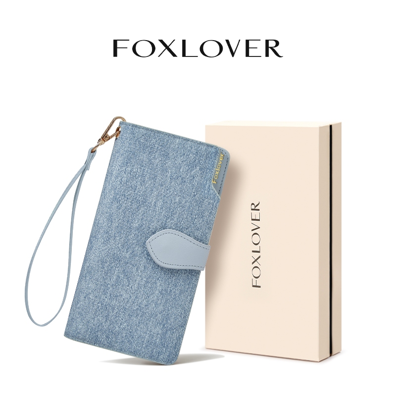 FOXLOVER กระเป๋าสตางค์ผู้หญิง แบบยาว ผ้าเดนิม ช่องใส่การ์ด 10ช่อง กันน้ำ ฟรีกล่องของขวัญ