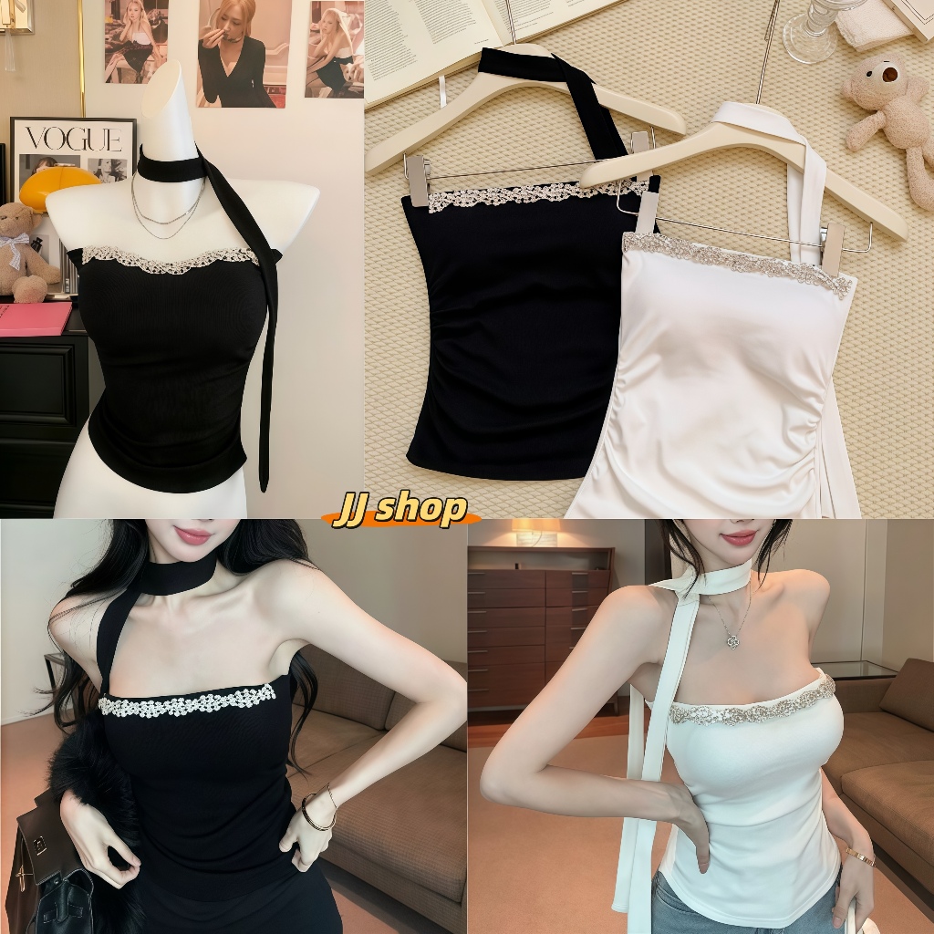 JJ Shop​💜พร้อมส่ง  เสื้อครอปผู้หญิงแบบเกาะอก เลื่อม, สั้น, สีเรียบ, แบบเข้ารูป ดูผอม FY2939