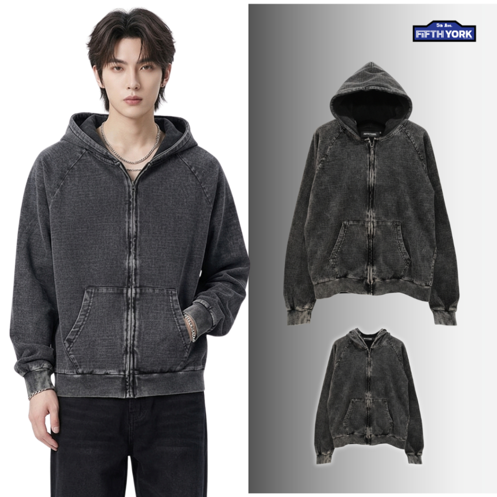 Fifth York Hoodie Vintage เสื้อฮู้ด วินเทจฟอกเฟดไม่ซ้ำใคร
