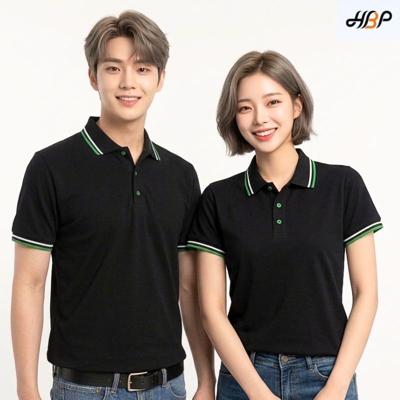 เสื้อโปโลสีดำขลิบเขียวไมโล ขาว แขนจั้ม เนื้อผ้า TK