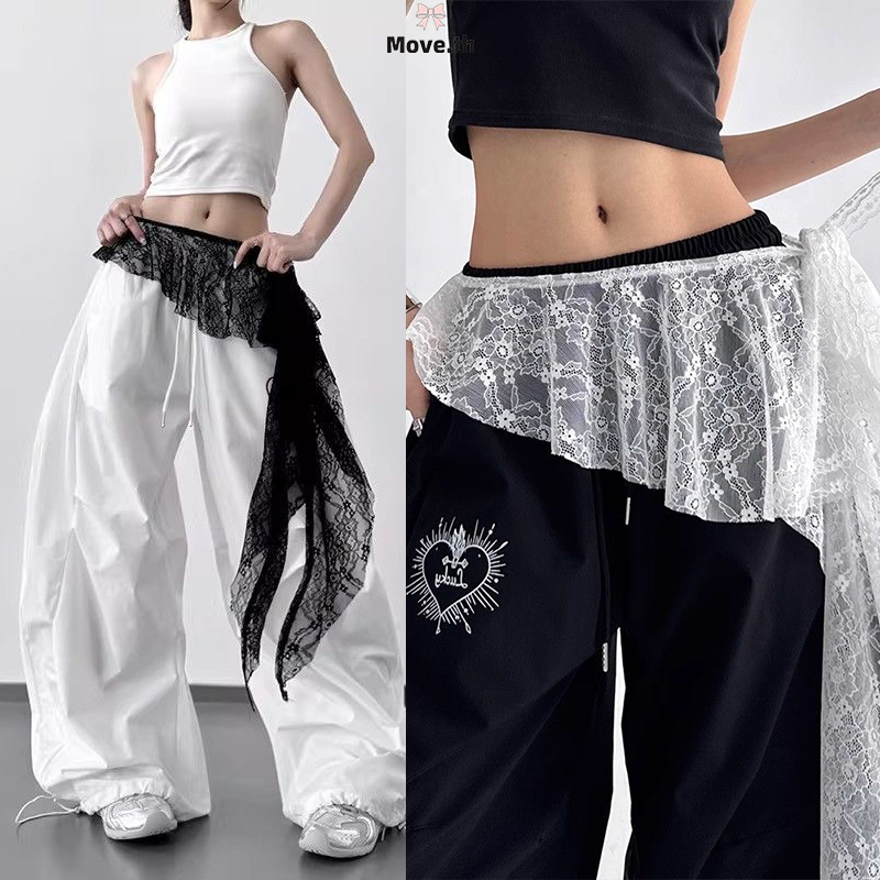 ในไทย-พร้อมส่ง✨‌ผู้หญิง ‌สไตล์เกาหลีไม่สม่ําเสมอ Hem ลูกไม้ตาข่าย Layering Midi กระโปรงปรับผูกเอว-Move