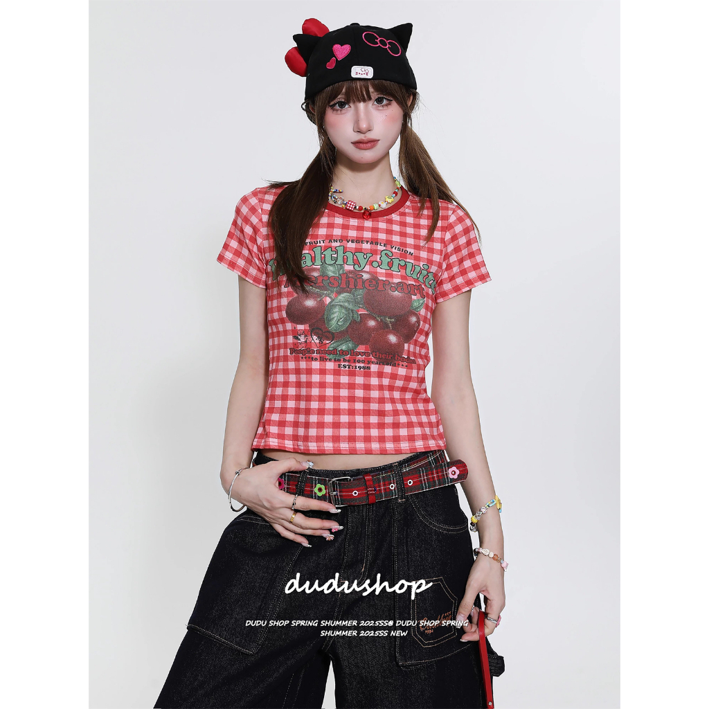 [Fruit print short-sleeved T-shirt]สงกรานต์เกาหลีผู้หญิงลายสก๊อตชนสีผลไม้พิมพ์เสื้อยืดแขนสั้น ราคาถูก Shopee Lazada