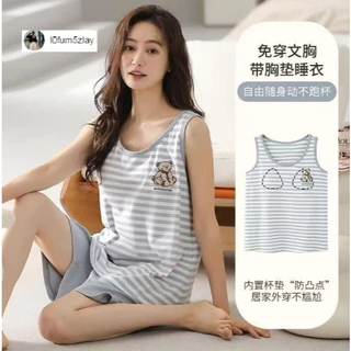 (ส่งมาจากประเทศไทย)ขาสั้น+เสื้อกล้าม，ชุดนอนผู้หญิงฤดูร้อน，มาพร้อมกับแผ่นรองหน้าอก，มีให้เลือก 8 แบบ，M-2XL