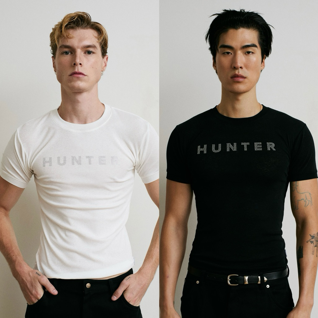 Hunter Studios - เสื้อยืดทรงพอดีตัว ผ้าบาง ติดคริสตัลโลโก้ รุ่นHUNTER Logo Tee