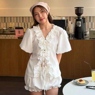 𝙎𝙪𝙣𝙨𝙝𝙞𝙣𝙚 𝙨𝙚𝙩✨☀️ชุดเซตผ้าดับบี้แขนพองแบบสั้นแต่งระบายขอบเสื้อน่ารักเหมาะกับหน้าร้อนแบบนี้ มาคู่กับกางเกงขาสั้นแบบพอง