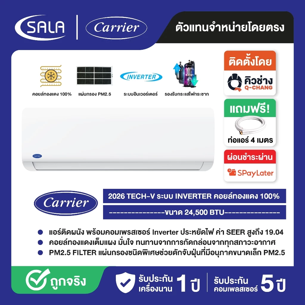 CARRIER เครื่องปรับอากาศ TECH V ขนาด 24,500 BTU รุ่น NVAA024 ระบบ INVERTER คอยล์ทองแดง รุ่น NVAA มีแผ่นกรอง PM2.5