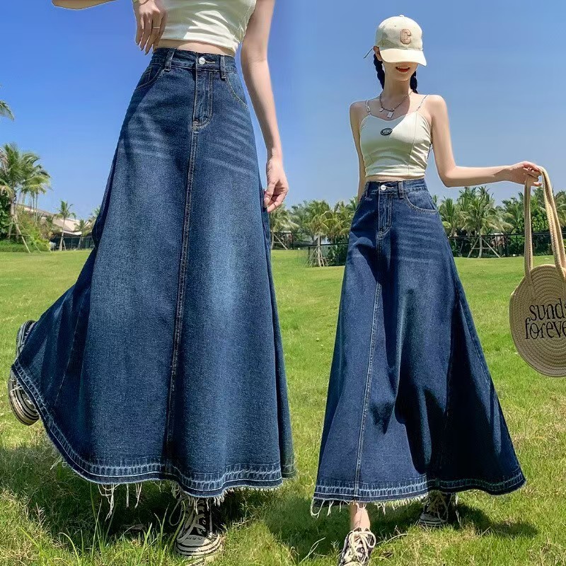 S~5XL Long skirt Navyblue กระโปรงยีนส์ทรงดินสอเอวสูงความยาวปานกลาง ดีไซน์ชายกระโปรงพู่ กระโปรงยีนส์สำหรับใส่ทำงาน HOT