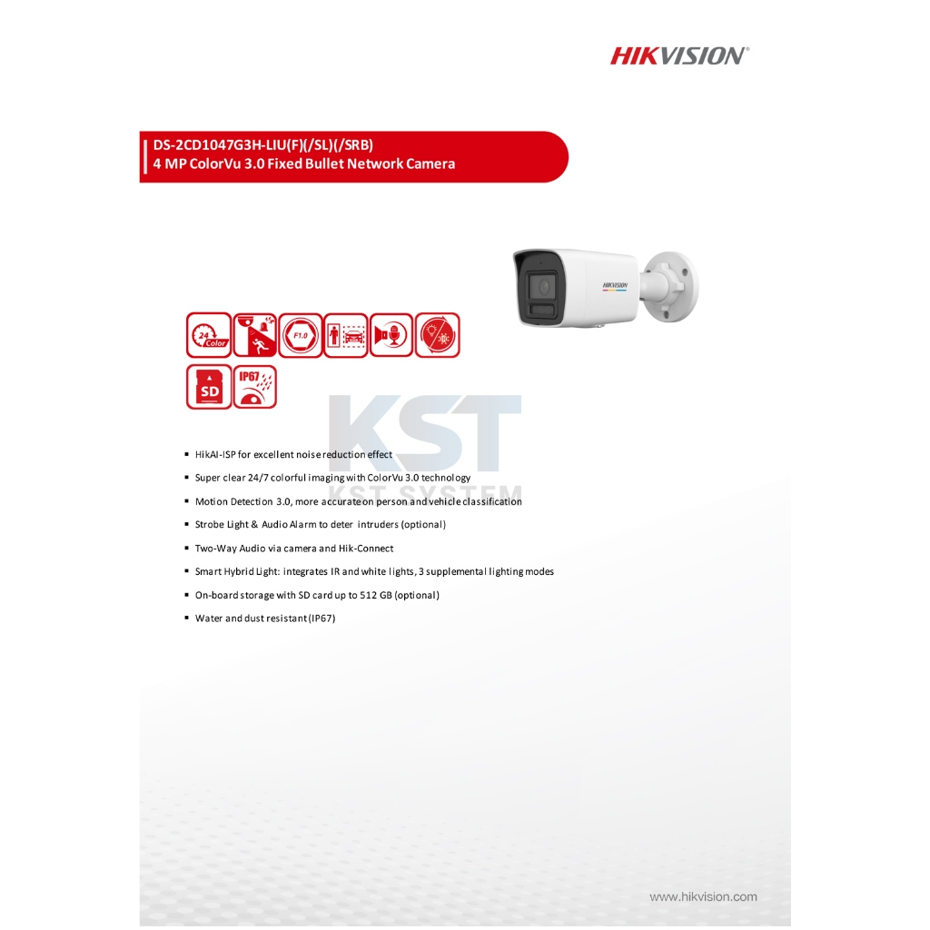 DS-2CD1047G3H-LIU (เลือกเลนส์) กล้องวงจรปิด Hikvision ColorVu 3.0 Hik Ai-ISP IPC 4MP PoE (ไมค์) รูปที่ 3