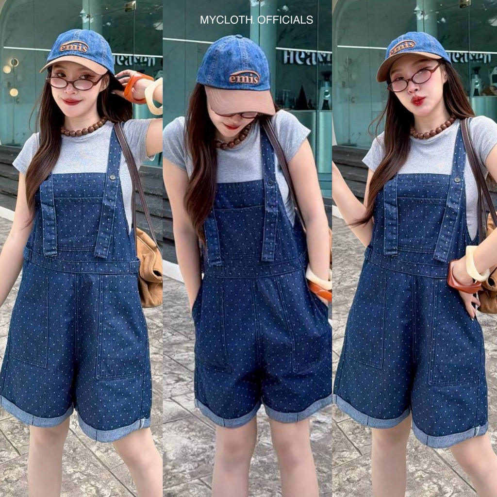 mycloth.officials (9960) - เอี๊ยมยีนส์ขาสั้น สียีนส์เข้มลายจุด เอวปรับกระดุม น่ารักมาก