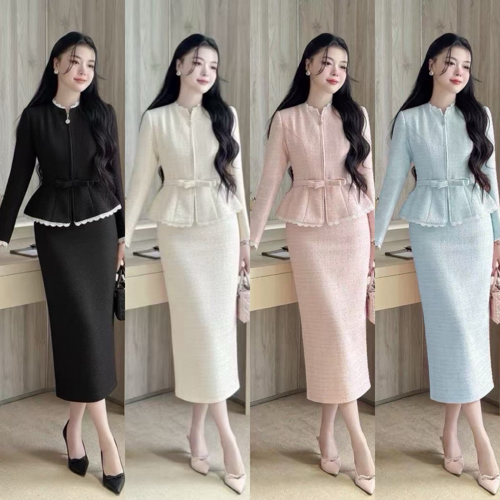 Set 2 ชิ้น เนื้อผ้าทวิตผสมดิ้นเงิน เสื้อแขนยาวคอชิดแต่งระบายกุ๊นลูกไม้ซิปรูดด้านหน้ามีสายคาดเอวเข็มขัด+กระโปรงยาวทรงสอบ