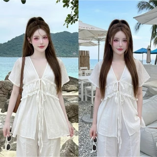 Sunshine Blouse เสื้อคอวีแขนยาวตัวยาว เสื้อคอวีแขนสั้นแต่งจีบอกผูกโบว์ที่อก ลายดอกไม้ น่ารัก เกาหลี สาวอวบ Sheeny (S051)
