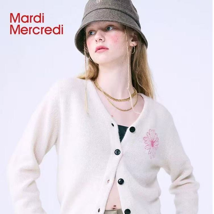 【Mardi Mercredi】Mardi Embroidered knitted cardigan คอวีเสื้อสั้นเสื้อผู้หญิง