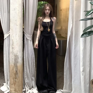 ACHSAWAKE เซตผู้หญิง เสื้อกล้ามพอดีตัว + กางเกงขายาวเอวสูงขากว้าง หลวมสวย ใส่ทุกวัน