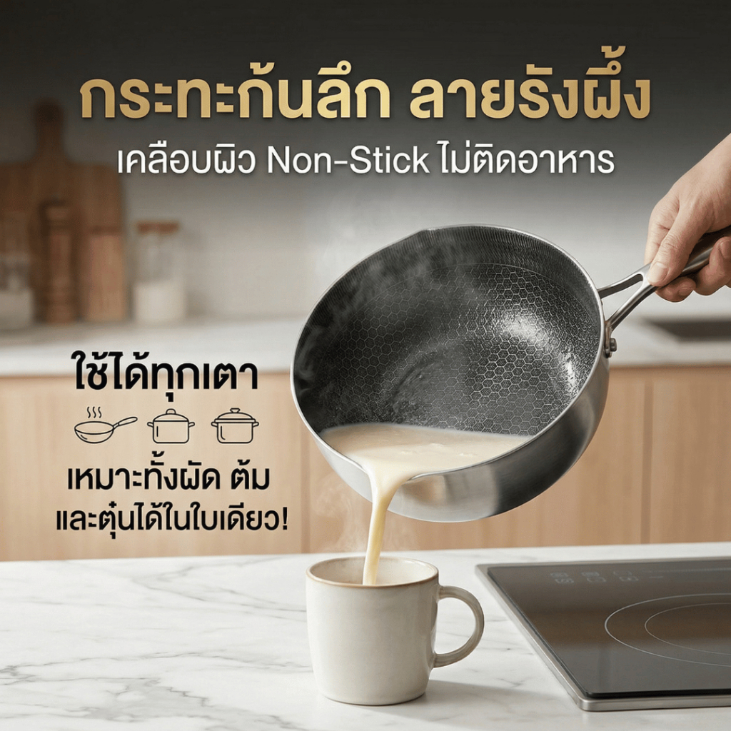กระทะลายรังผึ้ง กระทะก้นลึก กระทะสแตนเลส หม้อต้ม เคลือบพิเศษ(Non-stick) ไม่ติดกระทะ กระจายความร้อนดี ใช้ได้ทุกเตา