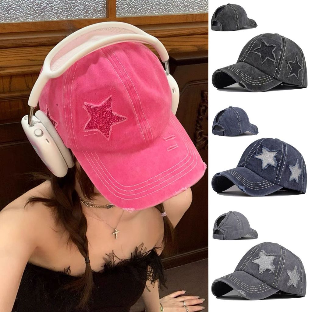 BBY 🧢 หมวกแก๊ปเกาหลี ลายดาวกลิตเตอร์ Y2K รอบ58ซม. หน้าเรียว แมทช์ทุกชุดปัง! พร้อมส่ง