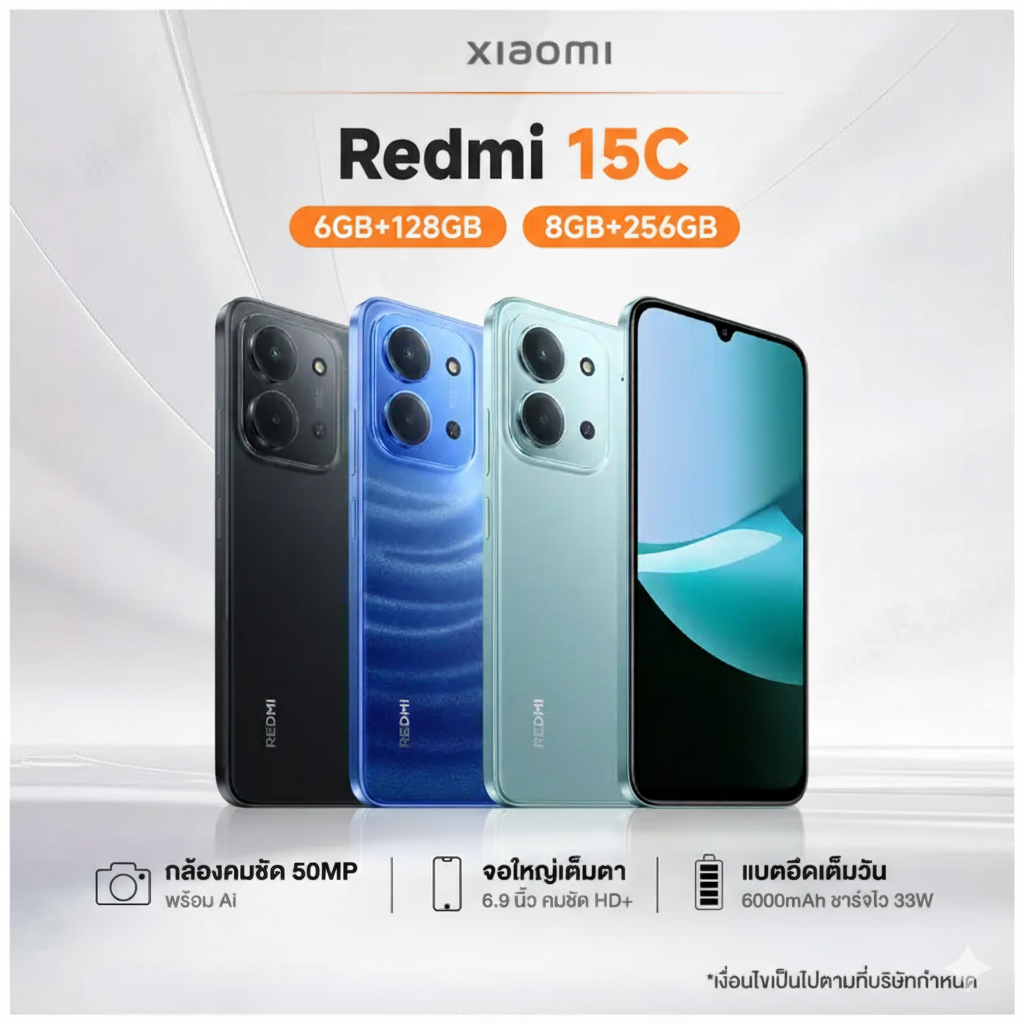 (NEW IN) XIAOMI Redmi 15C/13C/14C 6+128G/8+256GB รับประกันศูนย์ไทย 12 เดือน High Capacity Battery up