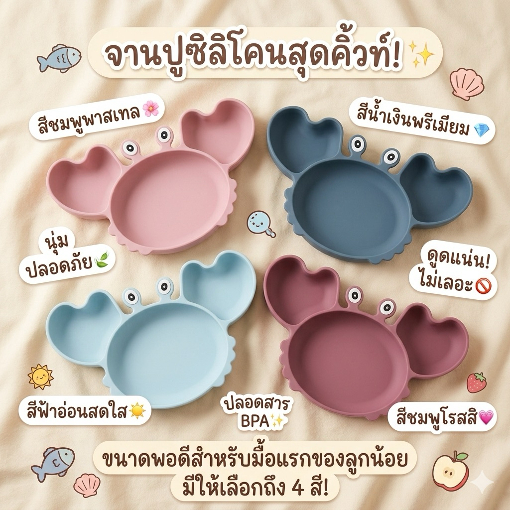 🦀 จานปูซิลิโคนก้นดูด ช่องแบ่ง3ช่อง ใส่อาหารได้เยอะ ก้นลึกใส่น้ำซุปได้ค่ะ สำหรับวัย6เดือนขึ้นไป สีสันสดใสถูกใจ