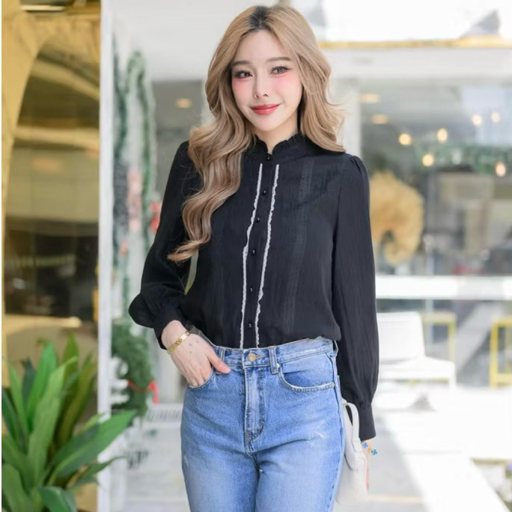 A88 เสื้อเชิ้ตแขนยาวสีดำ แถบลูกไม้ เนื้อผ้าอย่างดี