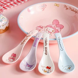 【ของแท้】Sanrio เครื่องเซรามิก จาน / ชาม / ถ้วย / ตะเกียบ / ช้อน Kuromi Hello Kitty My Melody Cinnamoroll ชุดจานชามน่ารัก