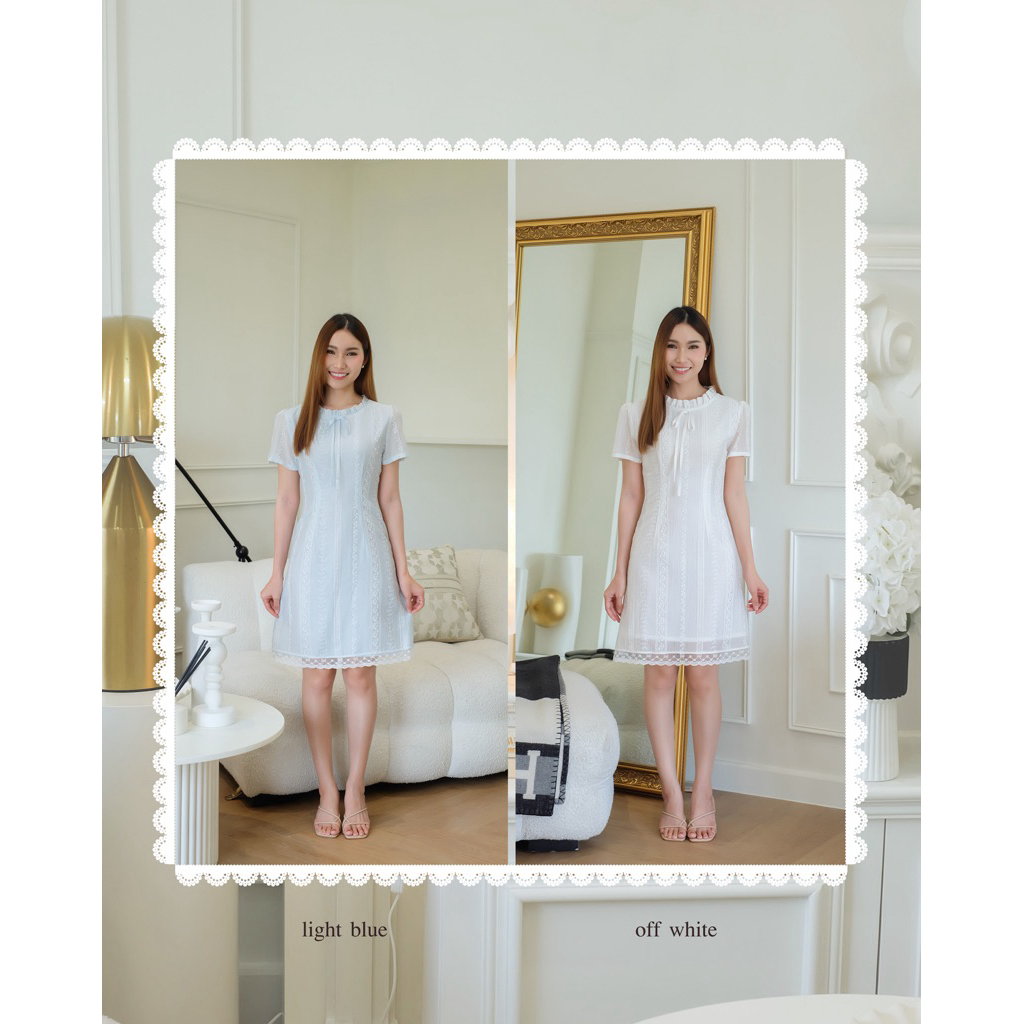 🛋️🍨KK006 | เดรสคอระบายเข้ารูปทรงเอ ผ้าคอตตอนฉลุ **มียาว38“