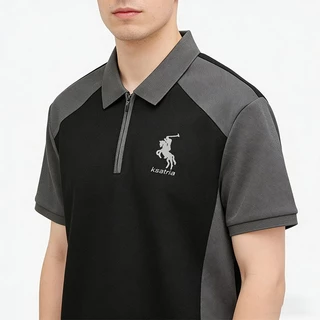 เสื้อโปโลผู้ชาย สีดำ/เทา มีปก มีซิป สไตล์สปอร์ต